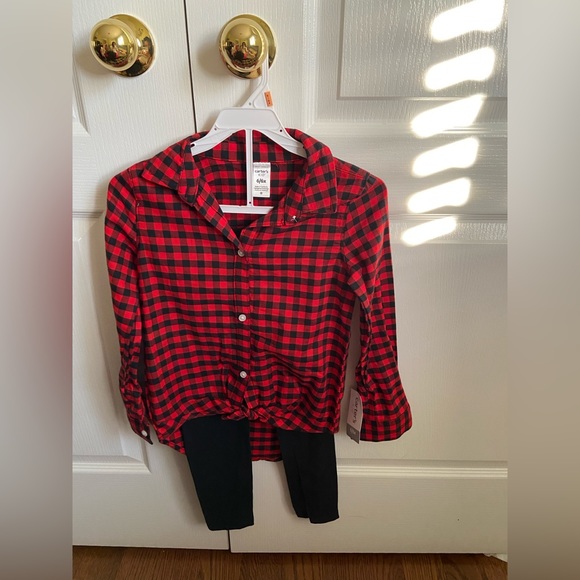 Carter’s Girls Red Plaid Button Front Shirt with Black Leggings. NWT, Size 6/6X - Picture 1 of 4